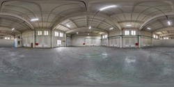 full seamless spherical hdri panorama 360 degrees in interior of large empty room as warehouse or hangar in equirectangular projection. VR AR concept