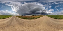 360 seamless hdri panorama view on gravel road before storm with overcast sky and dark cloud in equirectangular spherical projection, ready AR VR virtual reality content