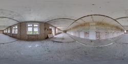 360 seamless hdri panorama view inside empty long corridor hall of abandoned house with concrete bricks walls in equirectangular spherical projection, ready AR VR virtual reality content