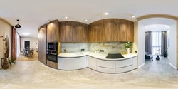full 360 hdr panorama in interior of small kitchen with served table in seating area in modern flat apartments or studio in equirectangular seamless spherical projection, VR content