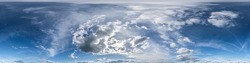 blue sky hdr 360 panorama with white beautiful clouds in seamless projection with zenith for use in 3d graphics or game development as sky dome or edit drone shot for sky replacement