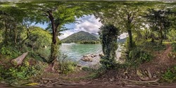 full seamless spherical hdr panorama 360 degrees angle view among the bushes of forest near river or lake high in mountains in equirectangular projection, ready VR AR virtual reality content