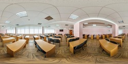 full seamless spherical hdr 360 panorama view in modern empty classroom, conference and lecture hall in equirectangular projection, AR VR content