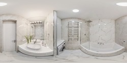 white seamless 360 hdr panorama in interior of expensive bathroom in modern flat apartments with washbasin in equirectangular projection with zenith and nadir. VR AR content