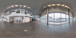 spherical 360 hdri panorama in empty room with repair in full seamless equirectangular projection in interior of white room with huge panoramic windows