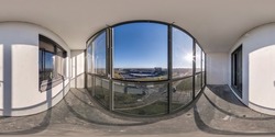 360 hdri panoramaa view from  balcony with dirty dusty glass of multi-storey building to busy intersection of huge residential complex  in equirectangular seamless spherical projection, AR VR content
