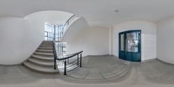 full hdri 360 panorama view in empty hall near emergency and evacuation exit stair in up ladder in new office building in equirectangular spherical projection, ready for AR VR content