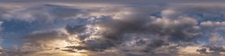 evening dark blue overcast sky hdri 360 panorama with beautiful clouds in seamless projection with zenith for use in 3d graphics or game development as skydome or edit drone shot for sky replacement