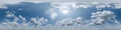 blue sky with beautiful cumulus clouds, seamless hdri 360 panorama view with zenith for use in 3d graphics or game development as sky dome or edit drone shot