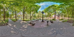 Full spherical 360 degrees seamless panorama in equirectangular equidistant projection, panorama 360 angle view in park green zone, skybox for VR AR content