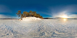 Winter panorama in the snow-covered forest near the river in nice sunny evening. Full spherical 360 by 180 degrees seamless panorama in equirectangular projection. Skybox for Virtual reality content