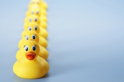 A row of yellow rubber ducks on a blue background. The focus is on the front rubber duck.