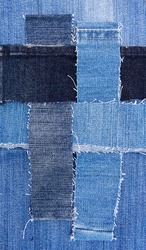 Patchwork in denim textile, vintage pattern with many jeans samples, white tattered