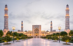 The Sultan Qaboos Mosque in Sohar after sunset, Oman, middle east.