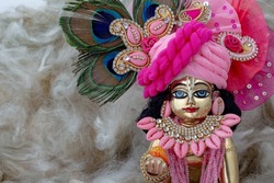 Bal Krishna Laddu Gopal Brass Statue with beautiful Pink Cloths and Jewelry Krishna Janmashtami 
