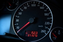 Car speedometer, close up. A device for determining the speed of a car.