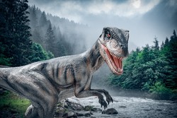 Dinosaur on the background of a gloomy forest.