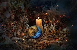 burning candle, symbol of moon, autumn leaves on dark natural background. pagan Wiccan, Slavic traditions. Witchcraft, esoteric spiritual ritual for mabon, halloween, samhain. autumn equinox holiday