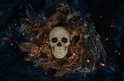Decorative human skull on dark natural mystery background. magical esoteric ritual. symbol of Halloween, samhain sabbat. Mysticism, divination, wicca, occultism, Witchcraft concept. flat lay
