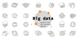 Big data icon set for: data analysis techniques, machine learning, business intelligence, data processing in the cloud and databases, visualizations, data presentation. 