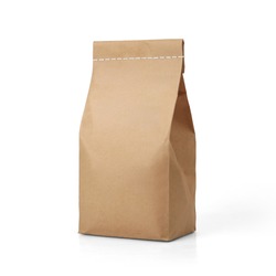 Brown craft paper bag packaging template with stitch sewing isolated on white background. Packaging template mockup collection. With clipping Path included. Stand-up pouch Front view package