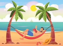 Young happy man relaxing on the beach in a hammock under the palm trees. Hipster man lying in hammock on tropical beach.