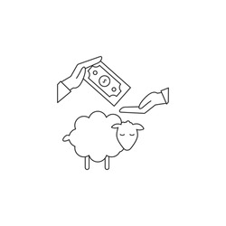 Sheep, hand and money concept line icon. Simple element illustration. Sheep, hand and money concept outline symbol design from Eid Al Adha set. Can be used for web and mobile on white background