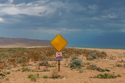 yellow road sign on a sandy beach 