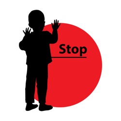 Stop violence children. Logo. Illustration for your design. Boy silhouette and red circle with text.