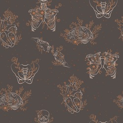 Vintage Seamless pattern with floral human skeleton and organs, heart, brain, ribcage, hand, thigh. Editable vector illustration.