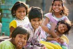 Rural children friends morning in sunlight Salunkwadi, Beed, Maharashtra, India