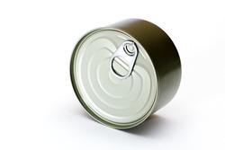 Unopened Tin Can with Blank Edge on White Background. Canned Food. Aluminum Can for Safe and Long Term Storage of Food. Steel Sealed Food Storage Container