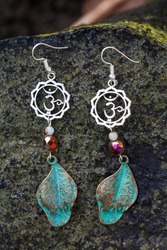 Earrings with burdock leaves and rainbow glass beads