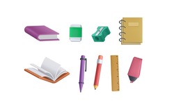 3D stationery for education, school and work. 3D Book, pen, pencil, notebook, shaperner, ruler, highlighter, marker vector.