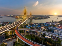 beautiful Bridge and River bird eye view landscape during sunset in Bangkok Thailand  