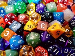 many multi colored and many sided dice with numbers