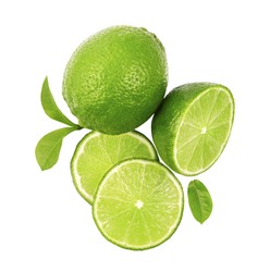 Fresh limes green slice with leaves isolated on white background, with clipping path