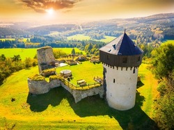 Hartenstejn is gothic castle from the 15th century. Aerial view to famous landmark in Western Bohemia, Czech Republic, Central Europe. 