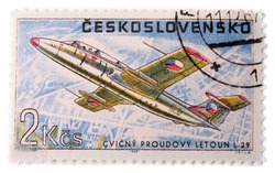 CZECHOSLOVAKIA - CIRCA 1967: A stamp printed in The Czechoslovakia shows image famous training jet aircraft Aero L 29 Delfin, series, circa 1967