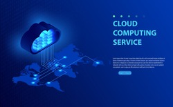 Isometric vector illustration showing concept  cloud computing. From the cloud in world map. World cloud computing concept. Web cloud technology business. Internet data services