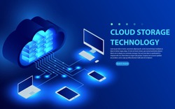 Isometric Cloud Hosting Network vector Banner Design. Online Computing Storage 3D concept. Smartwatch, Computer, Laptop, Mobile phone objects. Concepts Cloud storage. Synchronization and storage data.