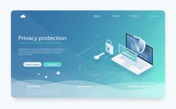 Online payment protection system concept with laptop. Banner with protect data and confidentiality. Mobile data security isometric. Security data protection concept. Online server protection system.