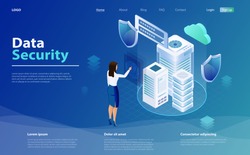 Internet security shield business concept. Business woman applies finger to fingerprint scanner to access database, data protection concept. Templates cybersecurity. Data security isometric concept