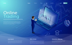 Online trading on stock exchange at home isometric composition with laptop, businessman, tablet, vector. Digital money market, investment, finance trading. Isometric concept stock exchang and trader