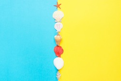 Sea Shells of Different Shapes Spiral Flat Red Starfish on Split Duo Tone Yellow Blue Background Imitating Ocean Sand. Summer Sale Vacation Beach Party Spa Wellness Concept. Poster Streamer Banner 