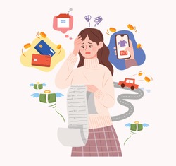 A woman is struggling with credit card debt and expenses. Concept illustration about installment debt.