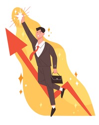 A businessman who caught a shining star. New business innovation idea, rising arrow, successful business concept vector illustration.