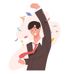 A energetic and happy winner. A male office worker full of confidence and self-esteem. Business concept vector illustration.