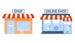 Offline and online shop, payment in store choice. Change business commerce on e-commerce. Shop in site vs shop in building. Vector flat illustration
