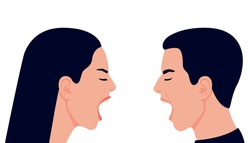 Conflict with scream, quarrel family couple man and woman. Face profile with shout, crisis on relationship. Bullying, confrontation, domestic abuse, angry and aggression concept. Vector illustration